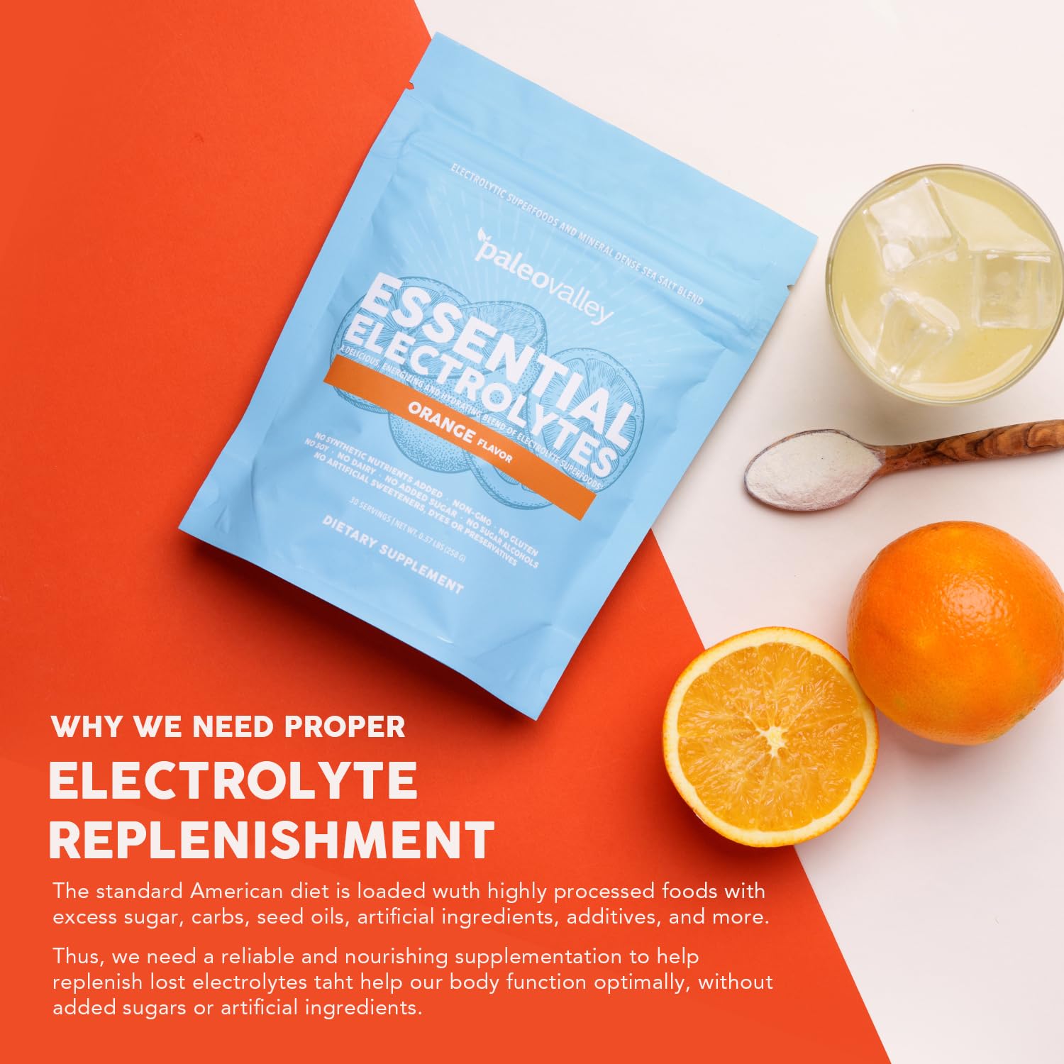 Paleovalley Essential Electrolytes Powder - Full Spectrum Orange Electrolyte Powder for Hydration, Energy and Muscle Recovery - No Sugar Added - 30 Servings - Maple Wellness Supplements