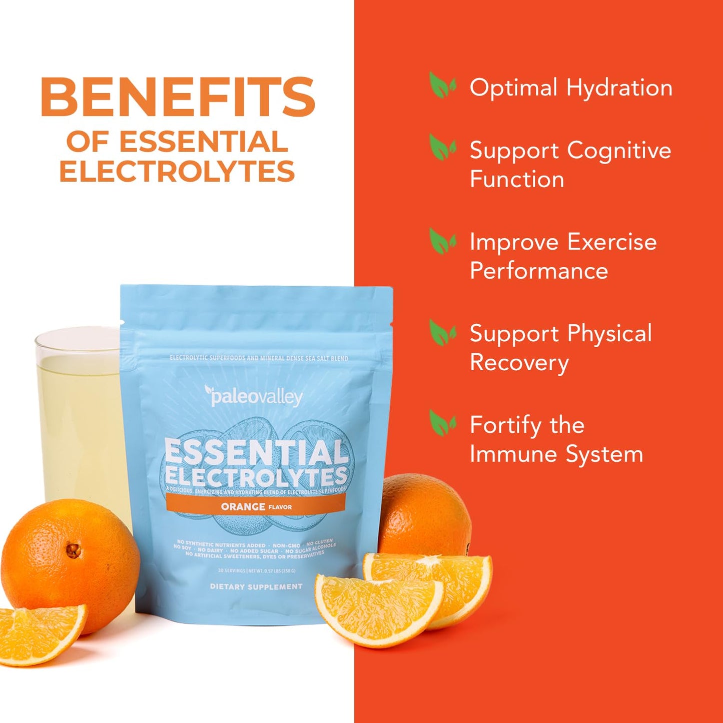 Paleovalley Essential Electrolytes Powder - Full Spectrum Orange Electrolyte Powder for Hydration, Energy and Muscle Recovery - No Sugar Added - 30 Servings - Maple Wellness Supplements