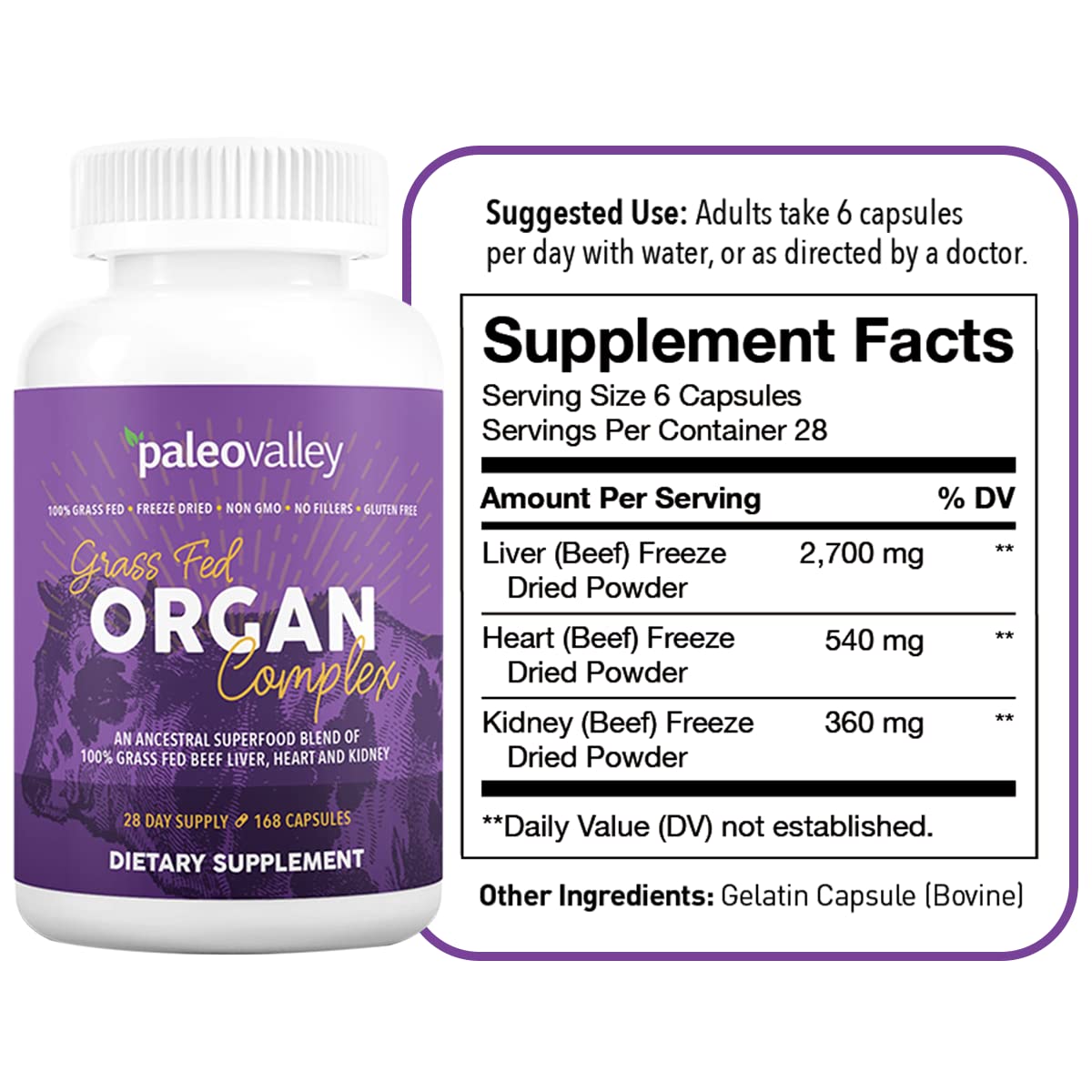 Paleovalley Grass Fed Beef Organ Complex - Freeze-Dried Beef Liver, Heart, and Kidney Blend, 1 Bottle - Maple Wellness Supplements