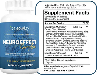 Paleovalley NeuroEffect - Neuro Mushroom Coffee Nutritional Supplement for Focus, Memory, and Energy Support - 28-Day Supply - 8 Full Spectrum Mushroom and Whole Coffee Fruit Extracts - Maple Wellness Supplements