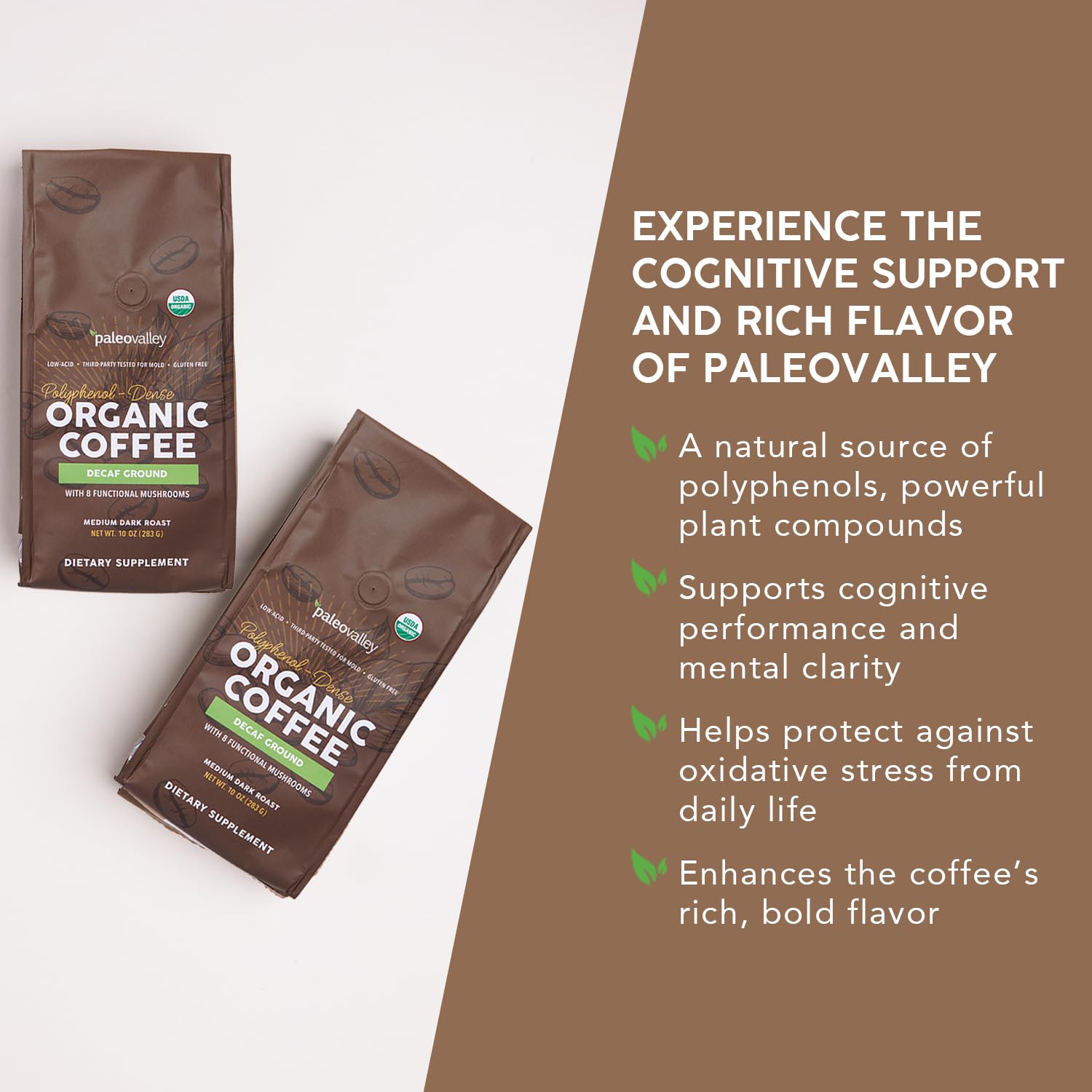 Paleovalley Organic Ground Coffee, 10oz - Decaf, Low Acid, Single-Origin, Polyphenol-Rich, Infused with Mushrooms - Maple Wellness Supplements