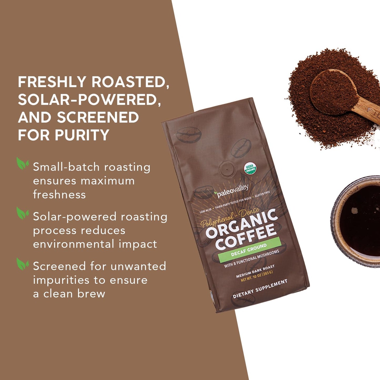Paleovalley Organic Ground Coffee, 10oz - Decaf, Low Acid, Single-Origin, Polyphenol-Rich, Infused with Mushrooms - Maple Wellness Supplements