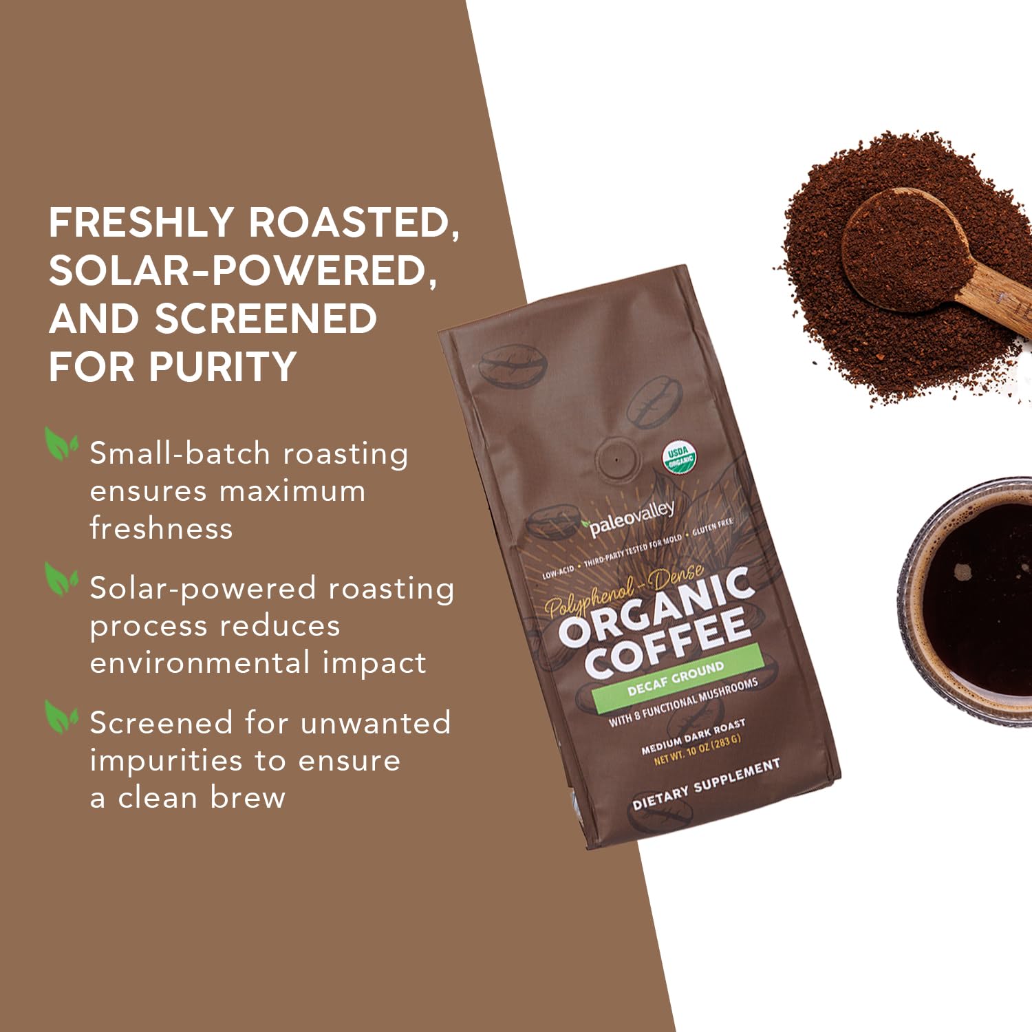 Paleovalley Organic Ground Coffee, 10oz - Decaf, Low Acid, Single-Origin, Polyphenol-Rich, Infused with Mushrooms - Maple Wellness Supplements