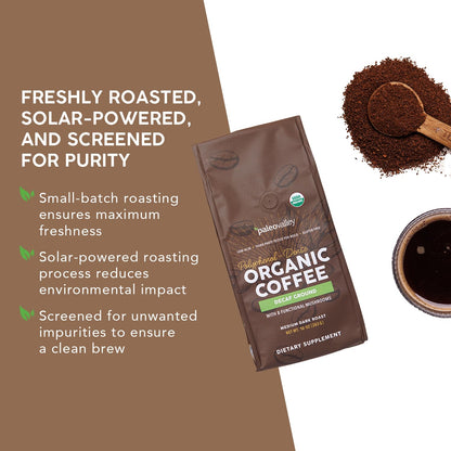 Paleovalley Organic Ground Coffee, 10oz - Decaf, Low Acid, Single-Origin, Polyphenol-Rich, Infused with Mushrooms - Maple Wellness Supplements