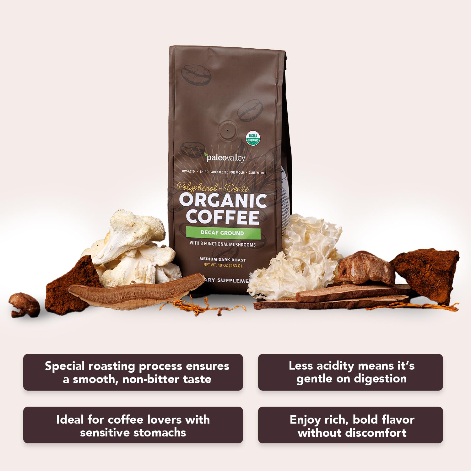 Paleovalley Organic Ground Coffee, 10oz - Decaf, Low Acid, Single-Origin, Polyphenol-Rich, Infused with Mushrooms - Maple Wellness Supplements