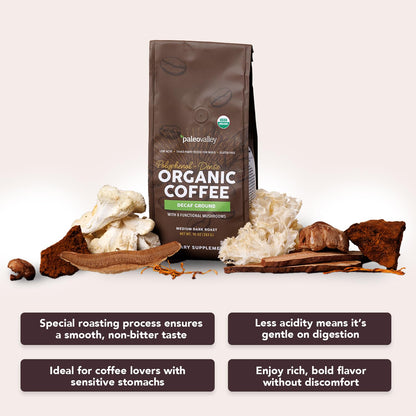 Paleovalley Organic Ground Coffee, 10oz - Decaf, Low Acid, Single-Origin, Polyphenol-Rich, Infused with Mushrooms - Maple Wellness Supplements