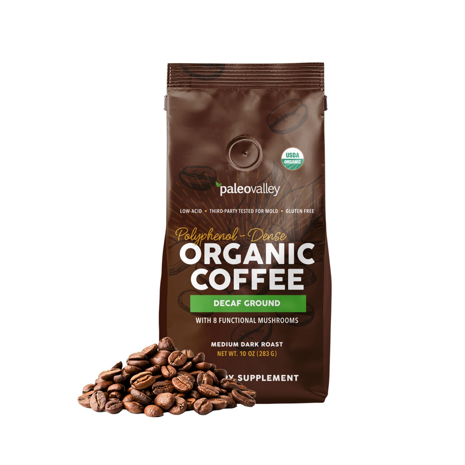 Paleovalley Organic Ground Coffee, 10oz - Decaf, Low Acid, Single-Origin, Polyphenol-Rich, Infused with Mushrooms - Maple Wellness Supplements