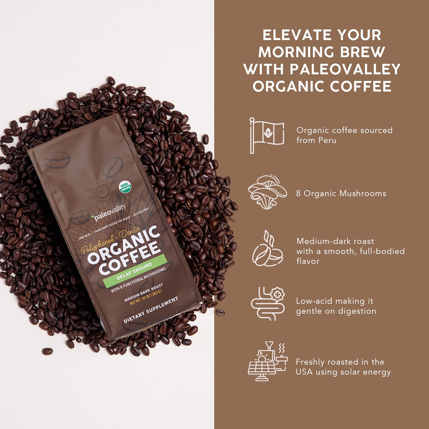 Paleovalley Organic Ground Coffee, 10oz - Decaf, Low Acid, Single-Origin, Polyphenol-Rich, Infused with Mushrooms - Maple Wellness Supplements