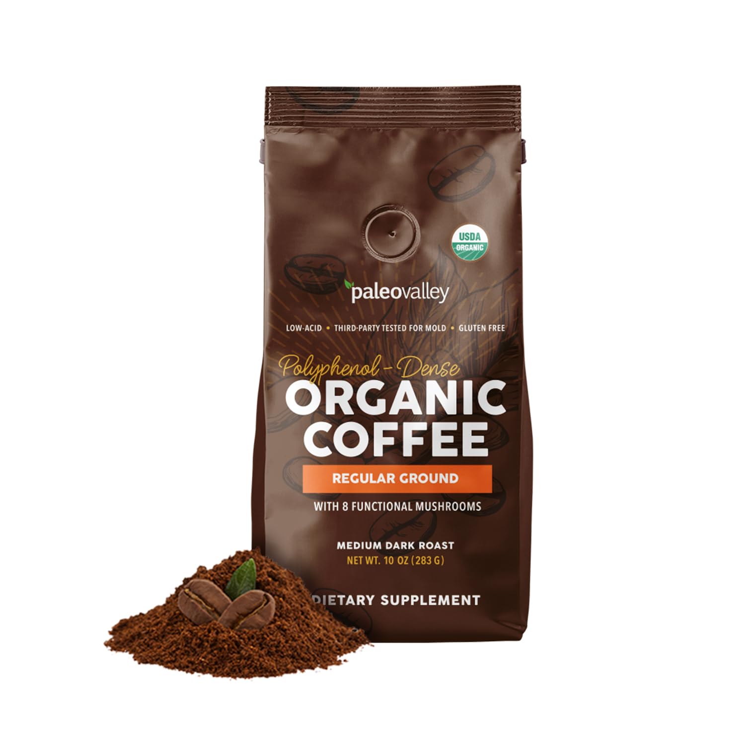 Paleovalley Organic Ground Coffee, 10oz - Regular, Low Acid, Single-Origin, Polyphenol-Rich, Infused with Mushrooms - Maple Wellness Supplements