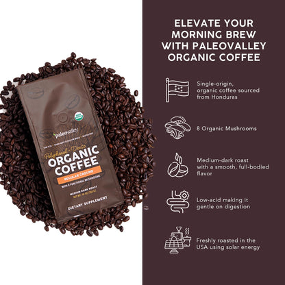 Paleovalley Organic Ground Coffee, 10oz - Regular, Low Acid, Single-Origin, Polyphenol-Rich, Infused with Mushrooms - Maple Wellness Supplements