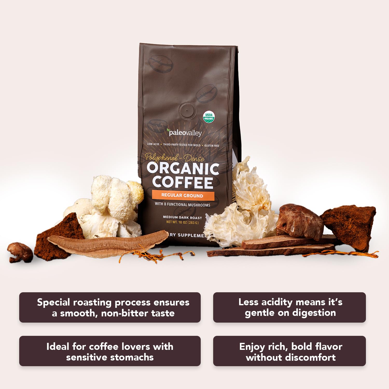 Paleovalley Organic Ground Coffee, 10oz - Regular, Low Acid, Single-Origin, Polyphenol-Rich, Infused with Mushrooms - Maple Wellness Supplements
