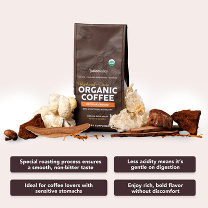 Paleovalley Organic Ground Coffee, 10oz - Regular, Low Acid, Single-Origin, Polyphenol-Rich, Infused with Mushrooms - Maple Wellness Supplements
