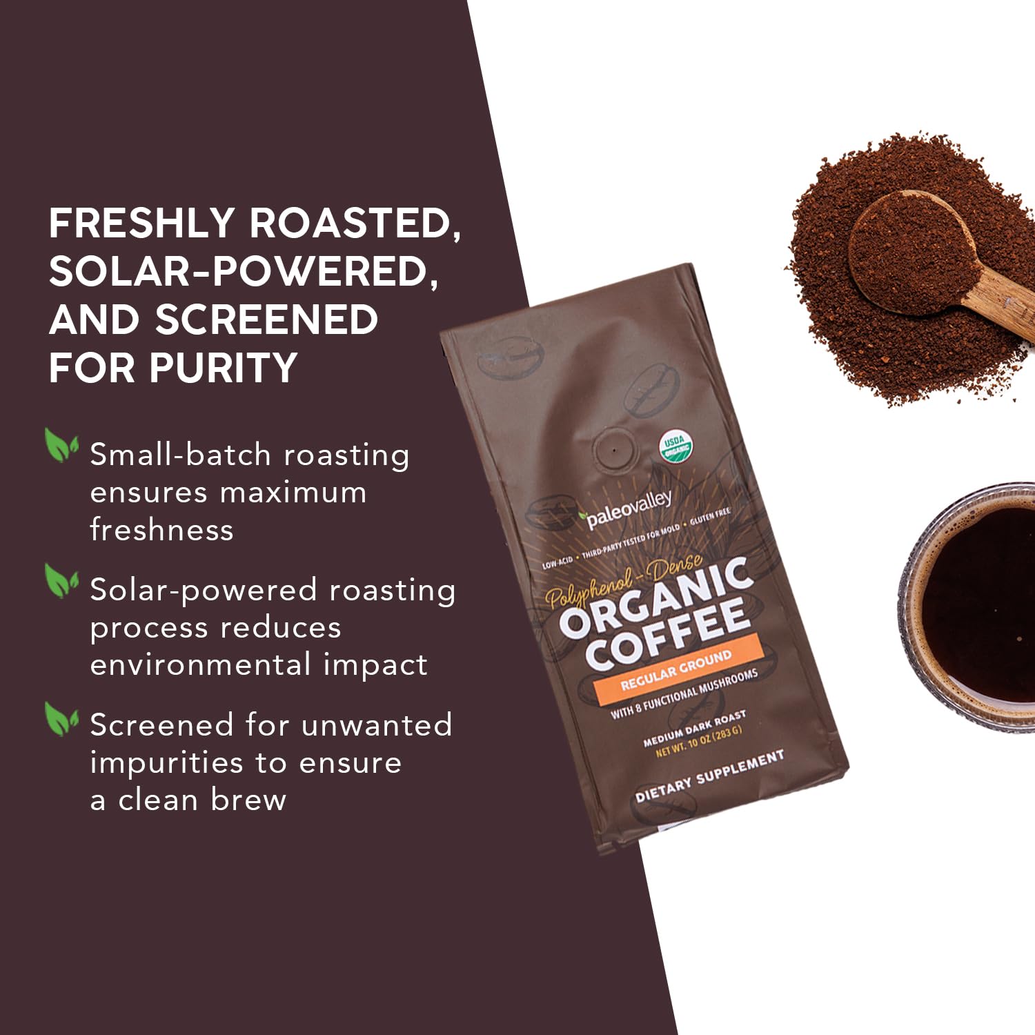 Paleovalley Organic Ground Coffee, 10oz - Regular, Low Acid, Single-Origin, Polyphenol-Rich, Infused with Mushrooms - Maple Wellness Supplements