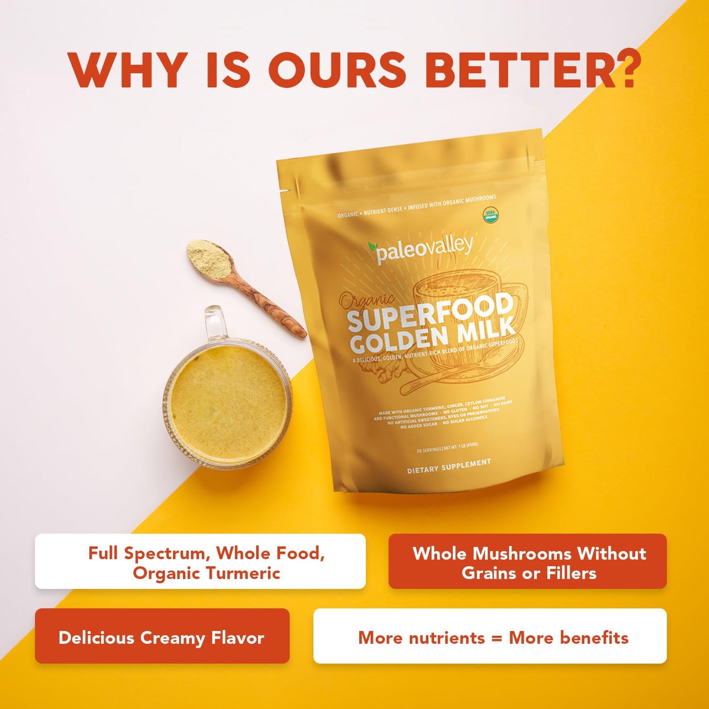 Paleovalley Organic Superfood Golden Milk - Immune, Focus, Cognitive, Longevity - Turmeric, MCT-Rich Coconut Milk, Functional Mushrooms, 30 Servings - Maple Wellness Supplements