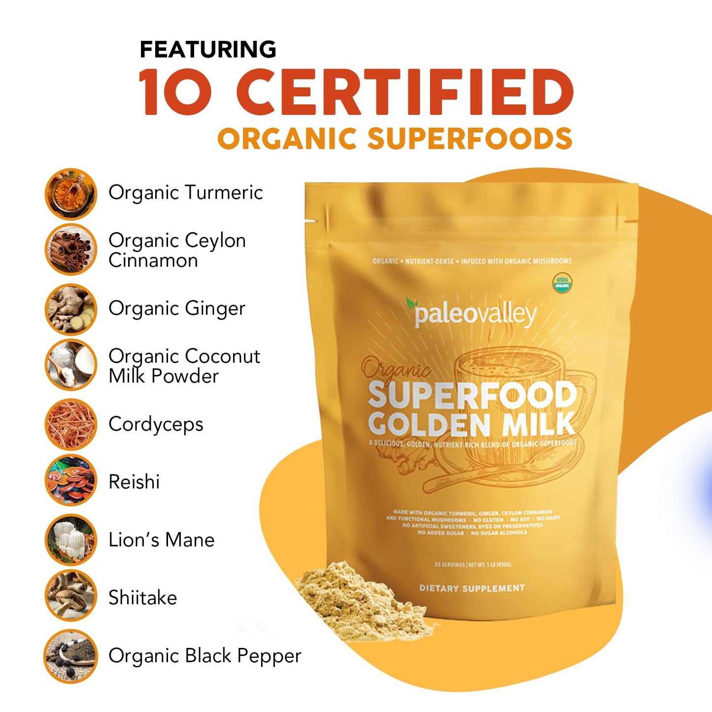 Paleovalley Organic Superfood Golden Milk - Immune, Focus, Cognitive, Longevity - Turmeric, MCT-Rich Coconut Milk, Functional Mushrooms, 30 Servings - Maple Wellness Supplements
