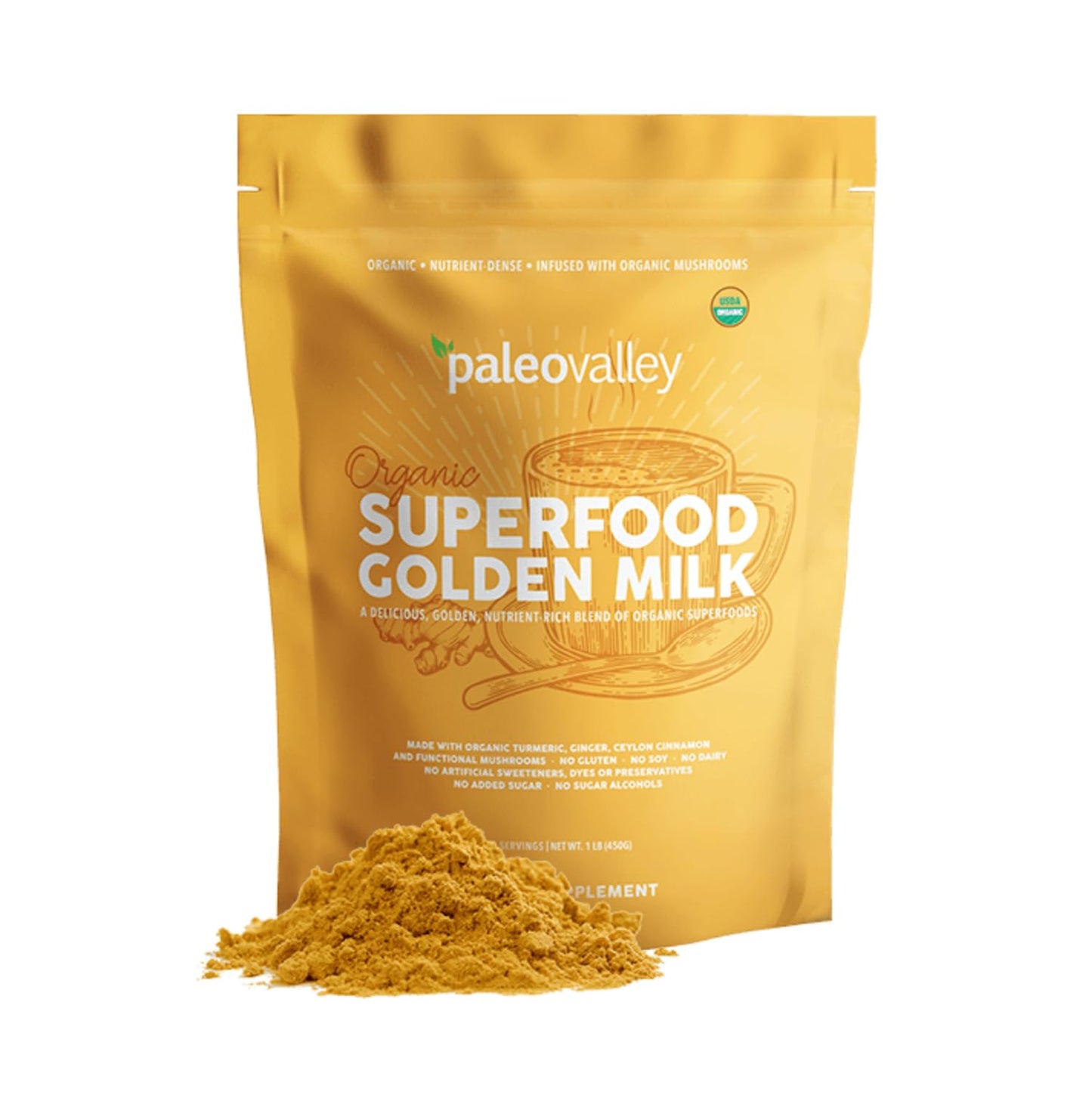 Paleovalley Organic Superfood Golden Milk - Immune, Focus, Cognitive, Longevity - Turmeric, MCT-Rich Coconut Milk, Functional Mushrooms, 30 Servings - Maple Wellness Supplements