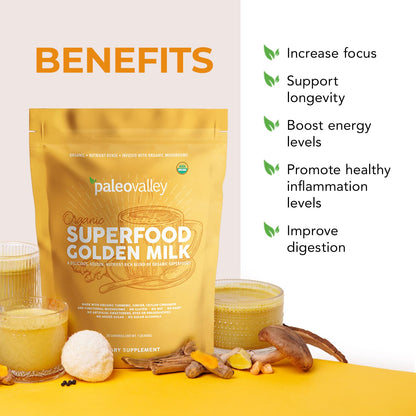 Paleovalley Organic Superfood Golden Milk - Immune, Focus, Cognitive, Longevity - Turmeric, MCT-Rich Coconut Milk, Functional Mushrooms, 30 Servings - Maple Wellness Supplements