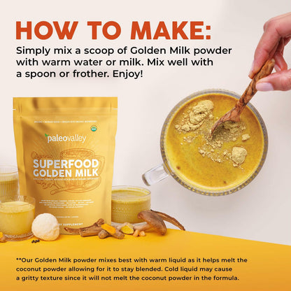 Paleovalley Organic Superfood Golden Milk - Immune, Focus, Cognitive, Longevity - Turmeric, MCT-Rich Coconut Milk, Functional Mushrooms, 30 Servings - Maple Wellness Supplements