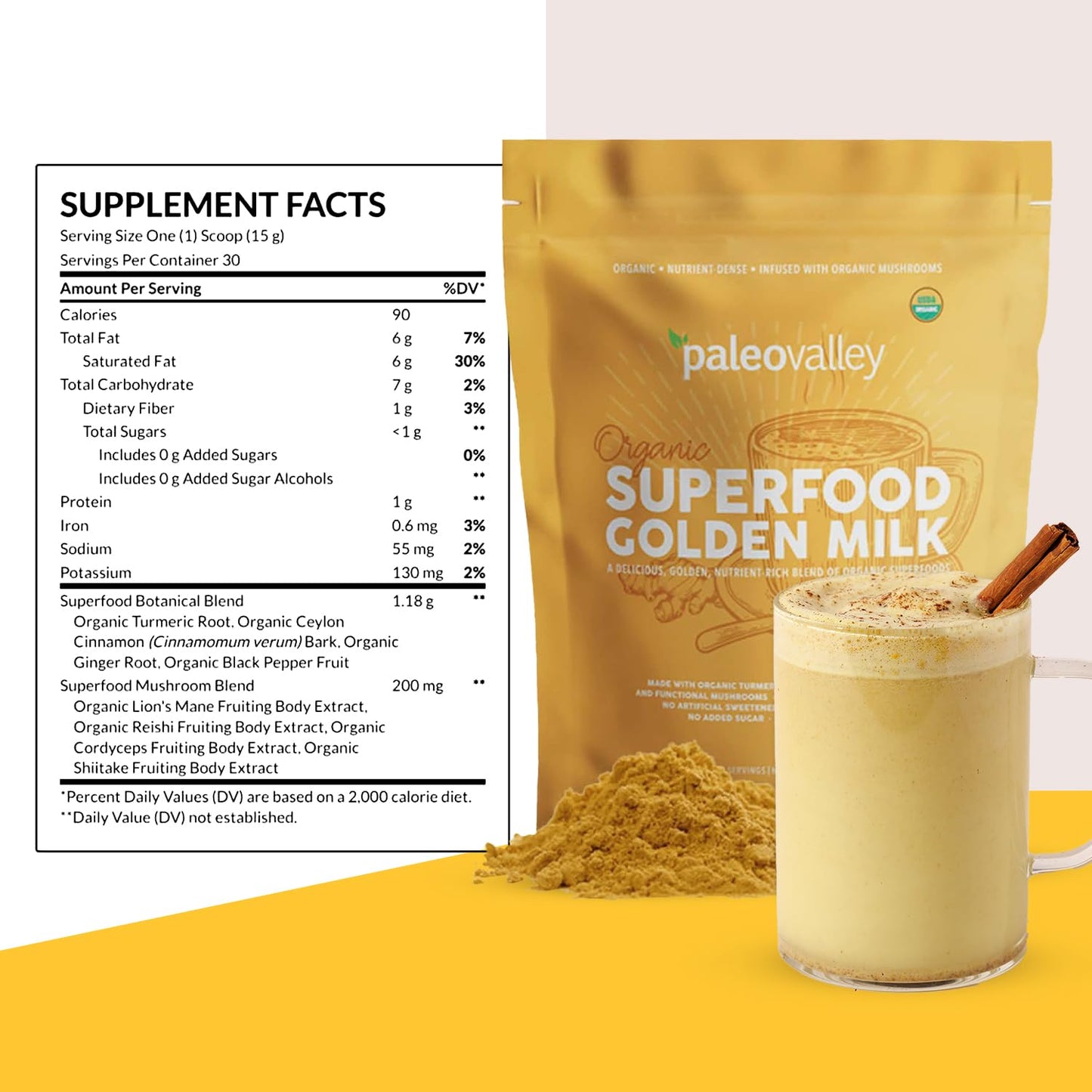 Paleovalley Organic Superfood Golden Milk - Immune, Focus, Cognitive, Longevity - Turmeric, MCT-Rich Coconut Milk, Functional Mushrooms, 30 Servings - Maple Wellness Supplements