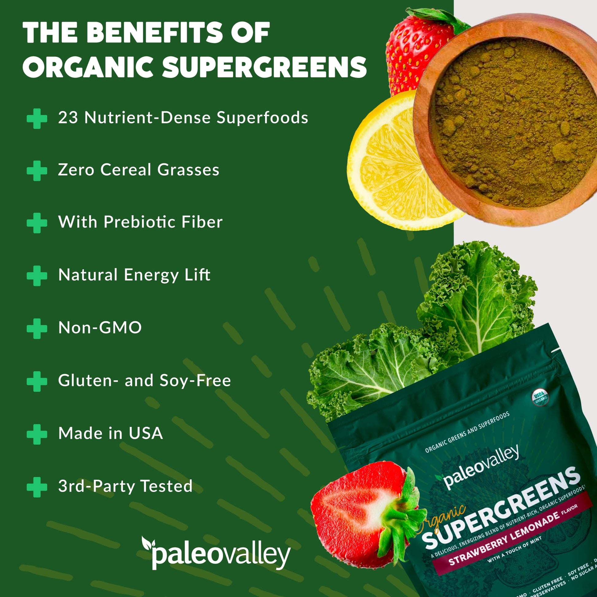 Paleovalley Organic Supergreens - Organic Greens Powder Superfood for Immune Support - Paleo Green Powder Blend - 28 Servings - 23 Superfoods - Gluten Free, No Cereal Grasses, Soy or Grain - Maple Wellness Supplements
