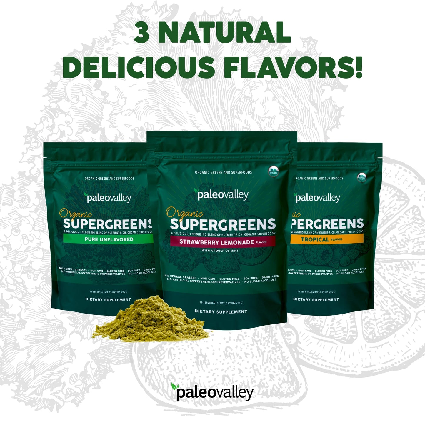 Paleovalley Organic Supergreens - Organic Greens Powder Superfood for Immune Support - Paleo Green Powder Blend - 28 Servings - 23 Superfoods - Gluten Free, No Cereal Grasses, Soy or Grain - Maple Wellness Supplements