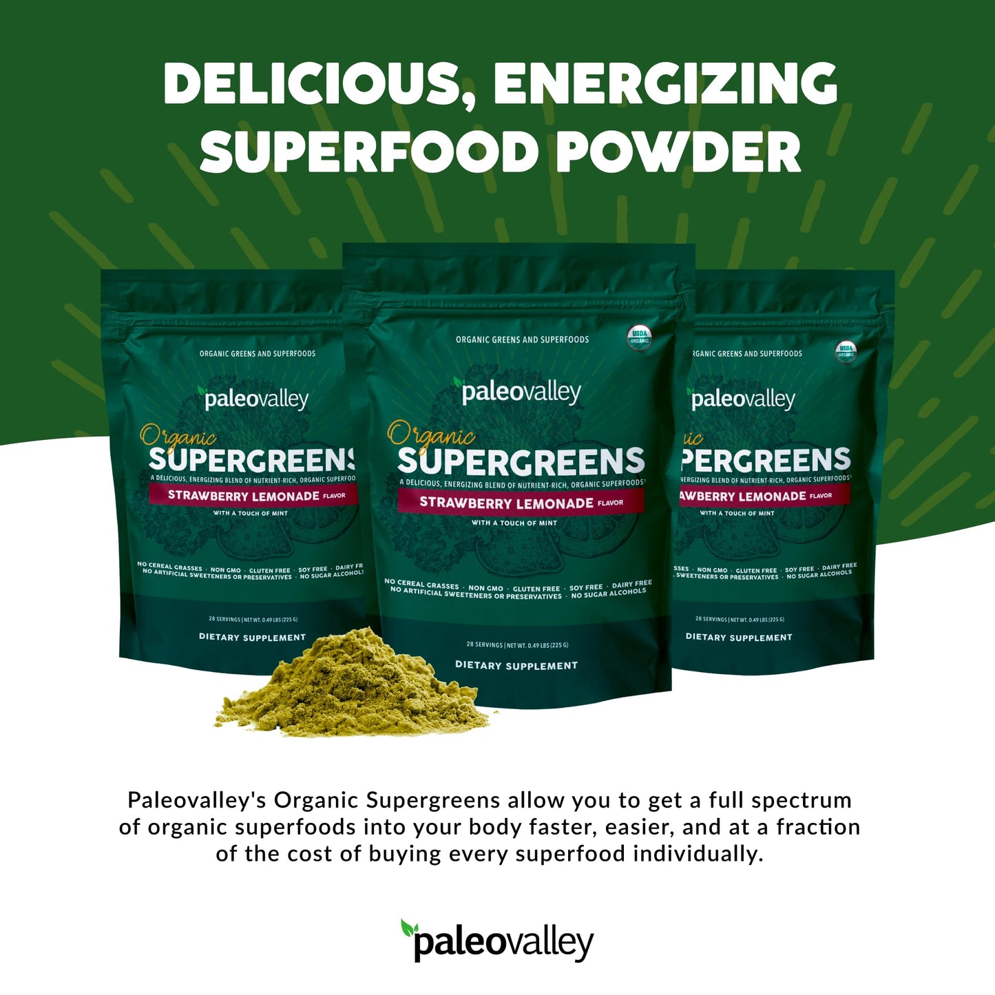 Paleovalley Organic Supergreens - Organic Greens Powder Superfood for Immune Support - Paleo Green Powder Blend - 28 Servings - 23 Superfoods - Gluten Free, No Cereal Grasses, Soy or Grain - Maple Wellness Supplements