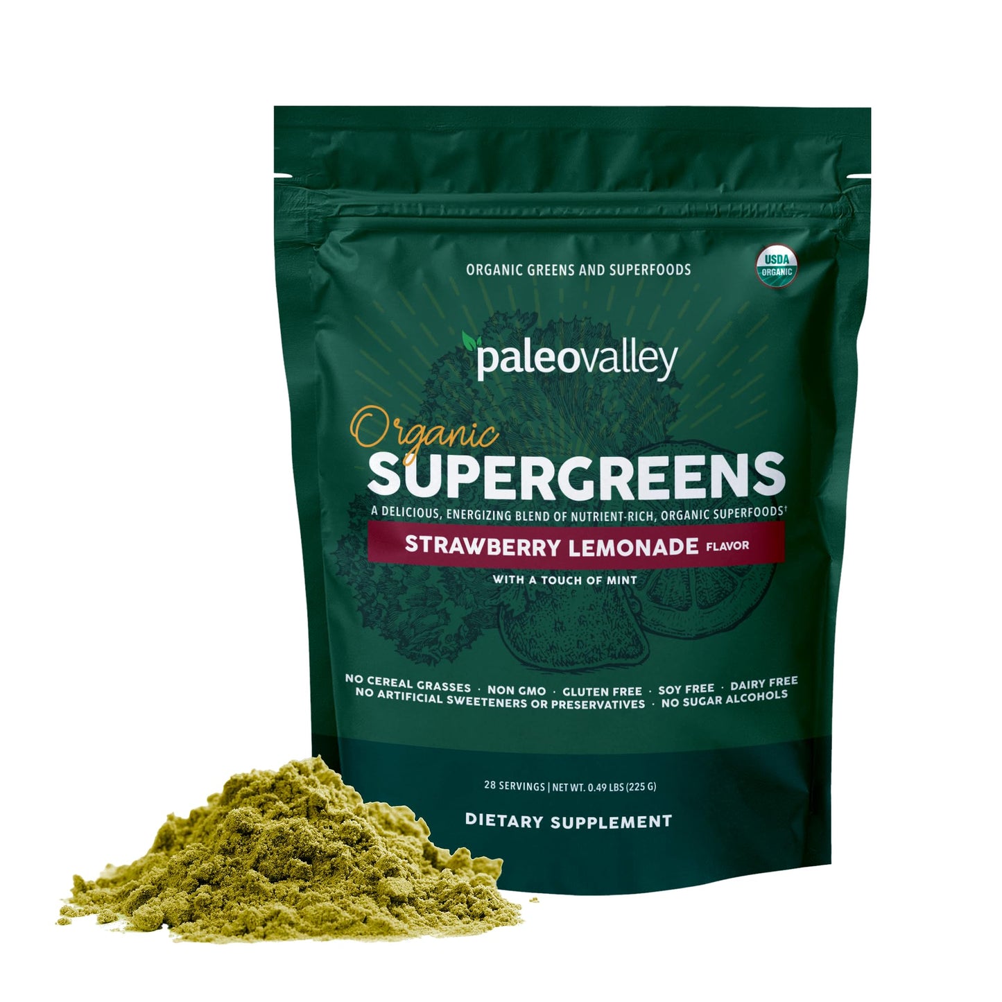 Paleovalley Organic Supergreens - Organic Greens Powder Superfood for Immune Support - Paleo Green Powder Blend - 28 Servings - 23 Superfoods - Gluten Free, No Cereal Grasses, Soy or Grain - Maple Wellness Supplements