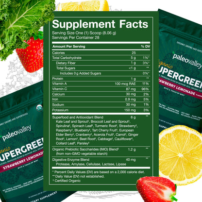 Paleovalley Organic Supergreens - Organic Greens Powder Superfood for Immune Support - Paleo Green Powder Blend - 28 Servings - 23 Superfoods - Gluten Free, No Cereal Grasses, Soy or Grain - Maple Wellness Supplements