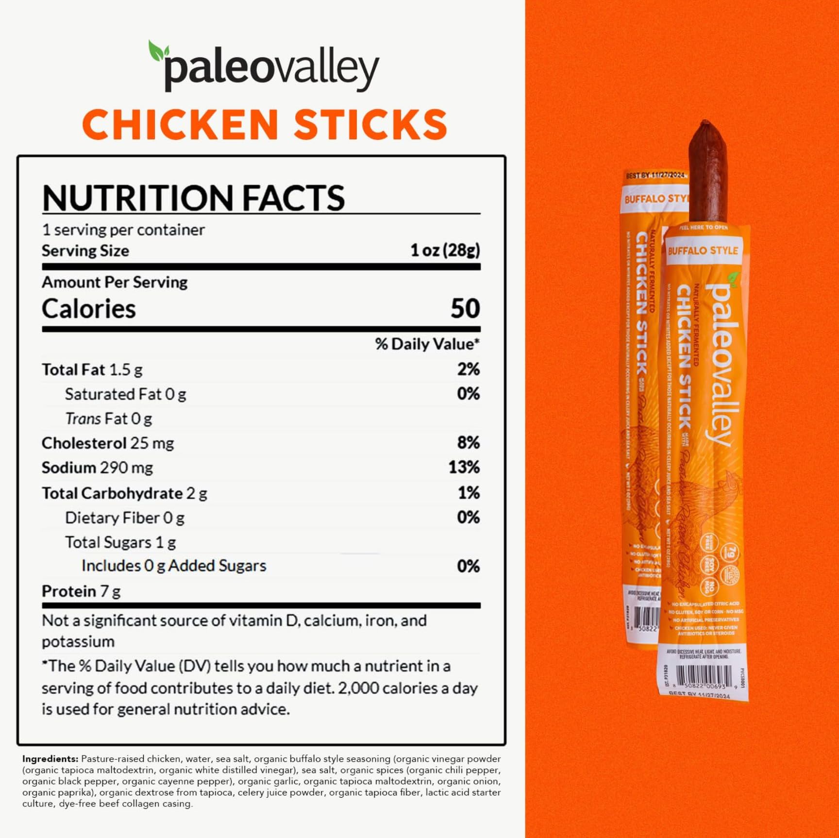 Paleovalley Pasture-Raised Chicken Sticks – 10 Pack – 7g Protein per Stick – Keto-Friendly, Paleo, Gluten-Free, Nitrate-Free – On-the-Go Snack (10 Pack, Buffalo) - Maple Wellness Supplements