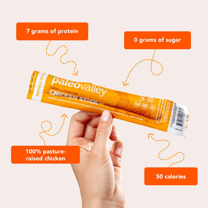 Paleovalley Pasture-Raised Chicken Sticks – 10 Pack – 7g Protein per Stick – Keto-Friendly, Paleo, Gluten-Free, Nitrate-Free – On-the-Go Snack (10 Pack, Buffalo) - Maple Wellness Supplements
