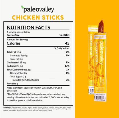 Paleovalley Pasture-Raised Chicken Sticks – 10 Pack – 7g Protein per Stick – Keto-Friendly, Paleo, Gluten-Free, Nitrate-Free – On-the-Go Snack (10 Pack, Teriyaki) - Maple Wellness Supplements