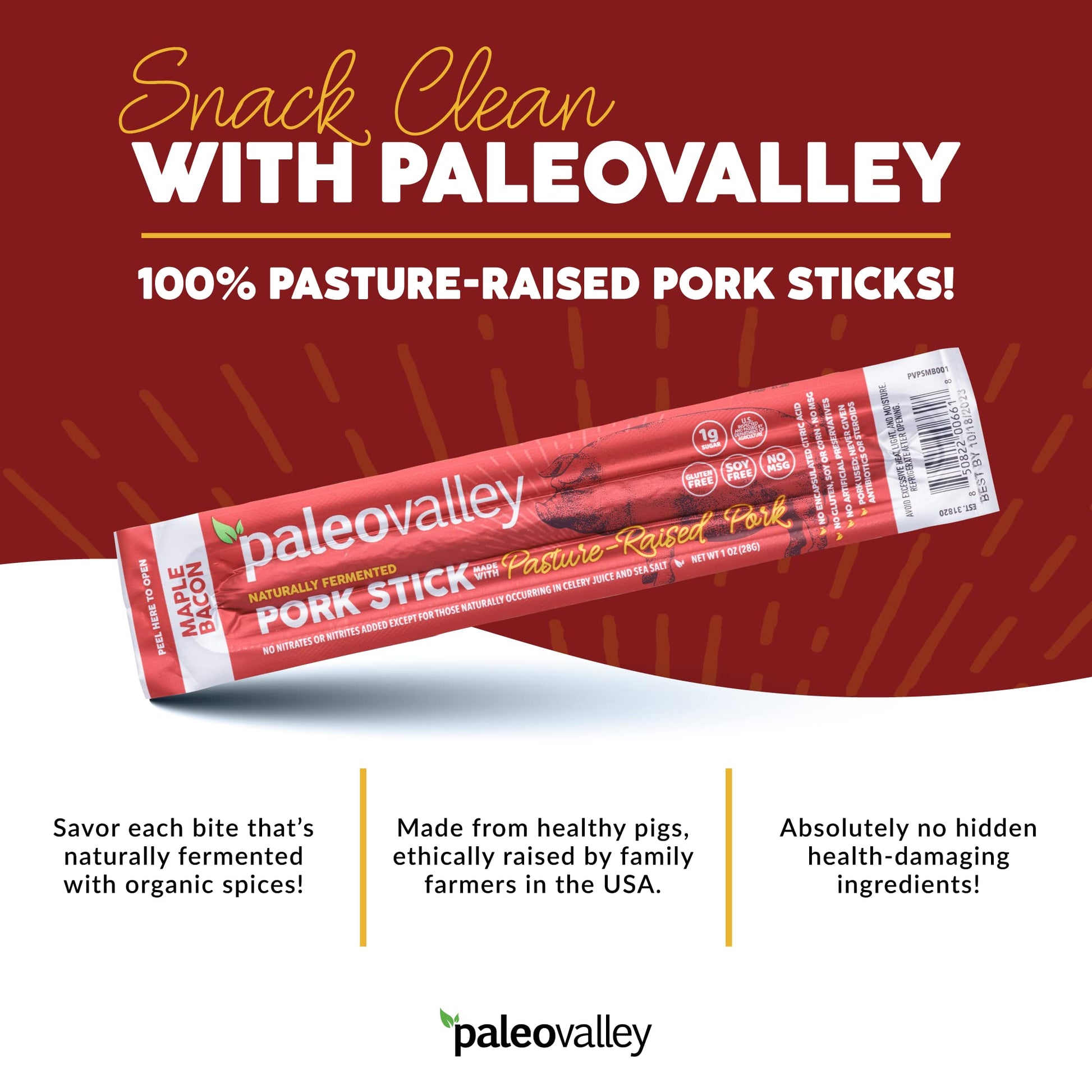 Paleovalley Pasture-Raised Pork Sticks - Maple Bacon Flavor Meat Sticks Individually Wrapped, 28g - 10 Sticks - Gluten-Free Protein Snack - Maple Wellness Supplements