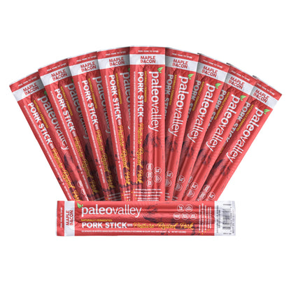 Paleovalley Pasture-Raised Pork Sticks - Maple Bacon Flavor Meat Sticks Individually Wrapped, 28g - 10 Sticks - Gluten-Free Protein Snack - Maple Wellness Supplements