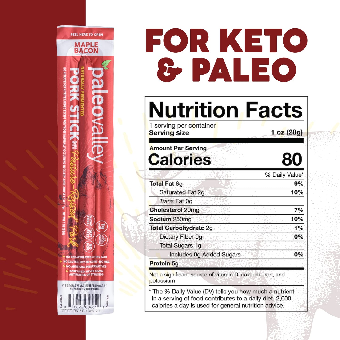 Paleovalley Pasture-Raised Pork Sticks - Maple Bacon Flavor Meat Sticks Individually Wrapped, 28g - 10 Sticks - Gluten-Free Protein Snack - Maple Wellness Supplements