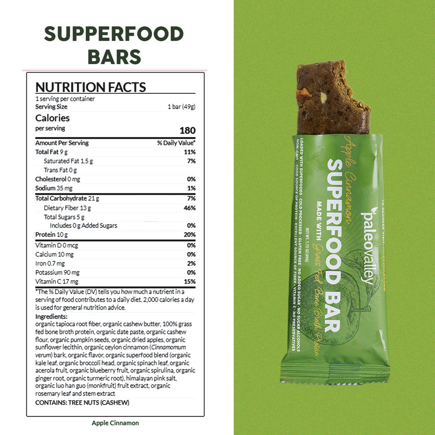 Paleovalley Superfood Bars – Apple Cinnamon– 10 Pack – 9g Protein per Bar – Gluten-Free, Grain-Free, Paleo, Non-GMO – On-the-Go Snack - Maple Wellness Supplements
