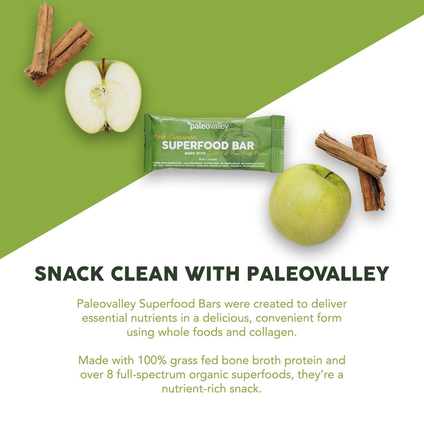 Paleovalley Superfood Bars – Apple Cinnamon– 10 Pack – 9g Protein per Bar – Gluten-Free, Grain-Free, Paleo, Non-GMO – On-the-Go Snack - Maple Wellness Supplements