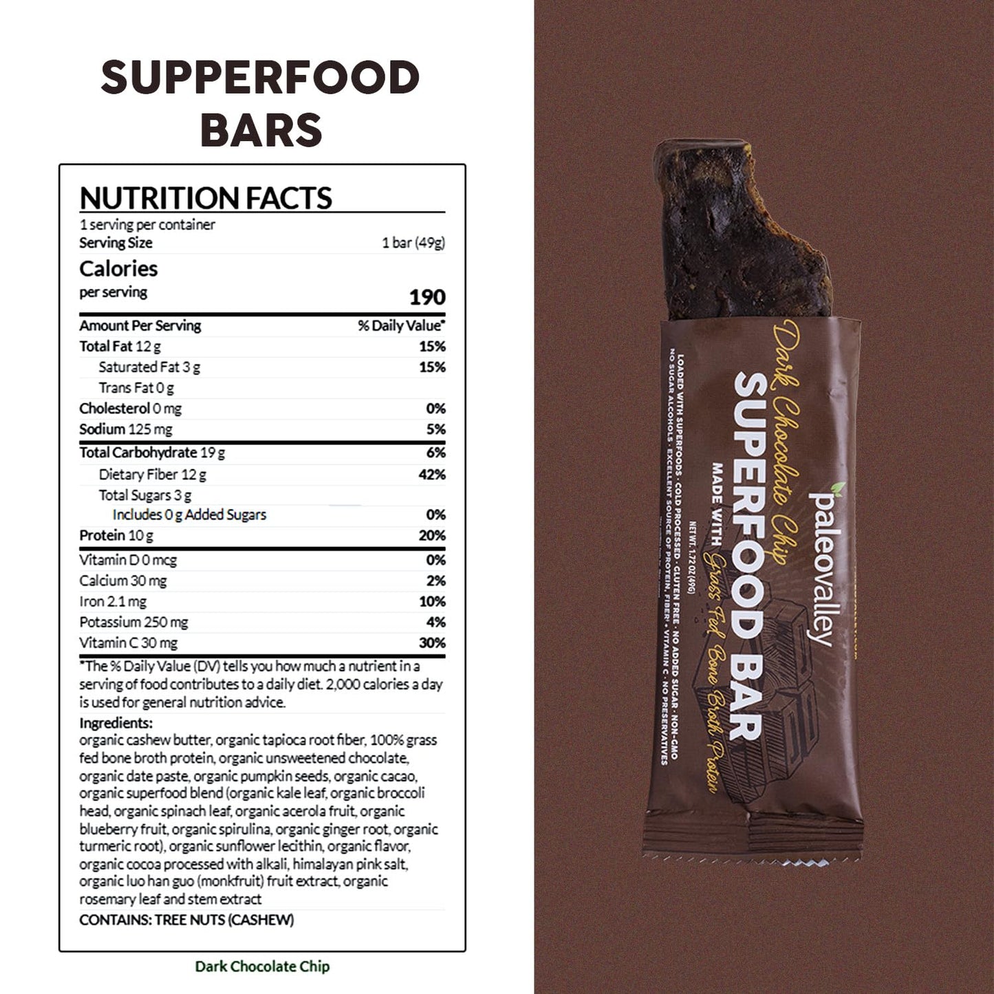Paleovalley Superfood Bars – Dark Chocolate Chip– 10 Pack – 9g Protein per Bar – Gluten-Free, Grain-Free, Paleo, Non-GMO – On-the-Go Snack - Maple Wellness Supplements