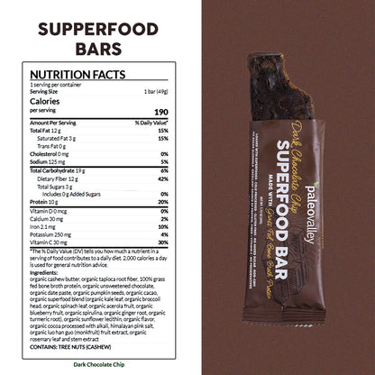 Paleovalley Superfood Bars – Dark Chocolate Chip– 10 Pack – 9g Protein per Bar – Gluten-Free, Grain-Free, Paleo, Non-GMO – On-the-Go Snack - Maple Wellness Supplements