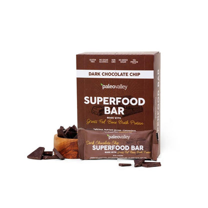 Paleovalley Superfood Bars – Dark Chocolate Chip– 10 Pack – 9g Protein per Bar – Gluten-Free, Grain-Free, Paleo, Non-GMO – On-the-Go Snack - Maple Wellness Supplements