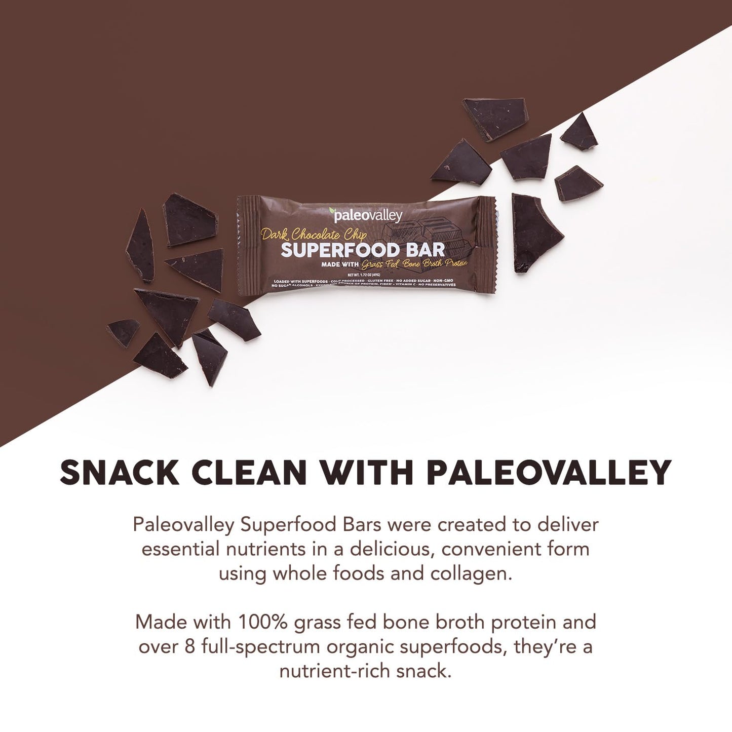 Paleovalley Superfood Bars – Dark Chocolate Chip– 10 Pack – 9g Protein per Bar – Gluten-Free, Grain-Free, Paleo, Non-GMO – On-the-Go Snack - Maple Wellness Supplements