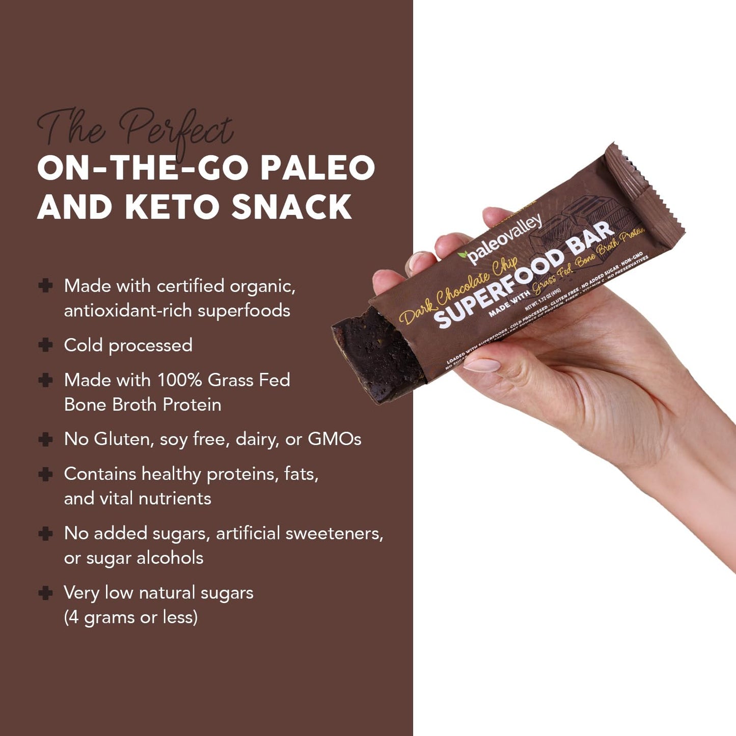 Paleovalley Superfood Bars – Dark Chocolate Chip– 10 Pack – 9g Protein per Bar – Gluten-Free, Grain-Free, Paleo, Non-GMO – On-the-Go Snack - Maple Wellness Supplements