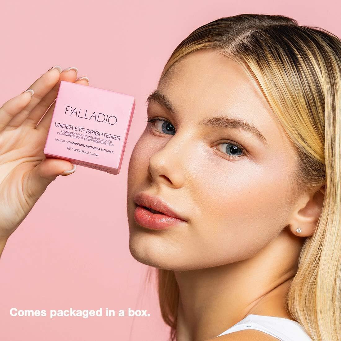 Palladio Under Eye Brightener, Conceal, Brightens, Reduces Appearance of Dark Circles, With Caffeine Peptides & Vitamin E, Tired Skin Color Correcting Brightener & Primer, Light to Medium (Soft Pink) - Maple Wellness Supplements