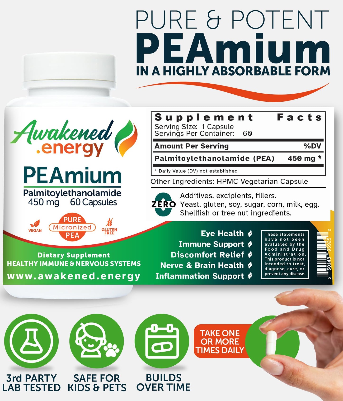 Palmitoylethanolamide 450mg Comfort Mobility Nerves Cognitive & Immune Support - Micronized High Absorption - All Natural Pea - USA Made - No Additives or Excipients – 60 Vegan Capsules Supplement - Maple Wellness Supplements