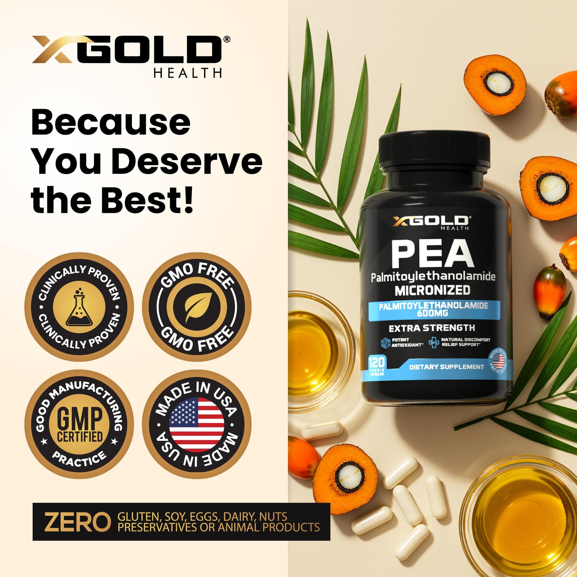 Palmitoylethanolamide Pea Supplement 600 mg | Micronized Pea 99% Highly Purified and Bioavailable | Made in USA | Supplement for Men and Women - 120 Capsules - Maple Wellness Supplements
