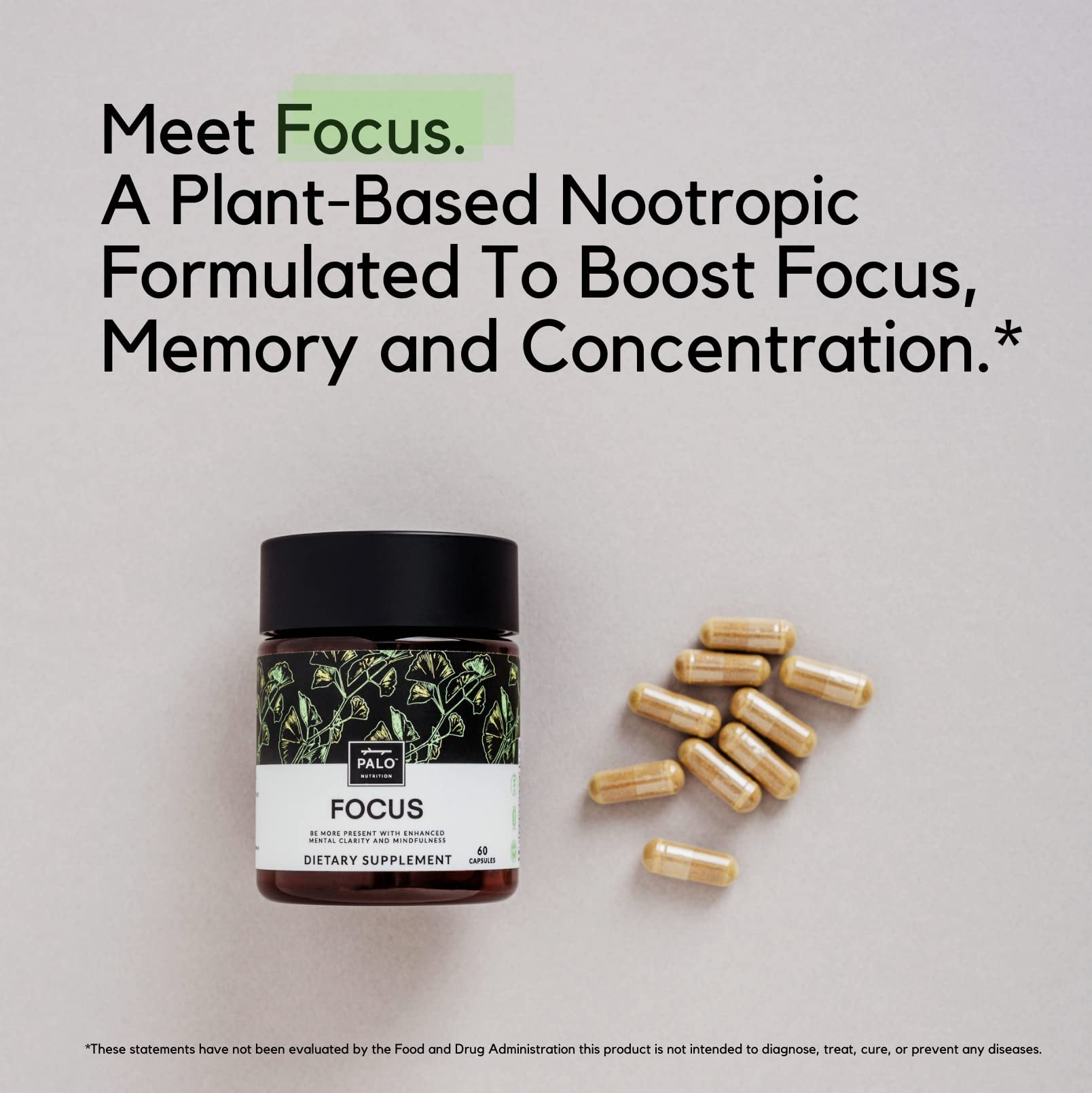 PALO Focus Brain Booster Natural Supplement Nootropic for Memory, Focus, Learning, Reall, Attention and Cognition - Ginkgo Biloba, Bacopa, Gotu Kola, Ashwagandha, Mucuna 60 Capsules - Maple Wellness Supplements