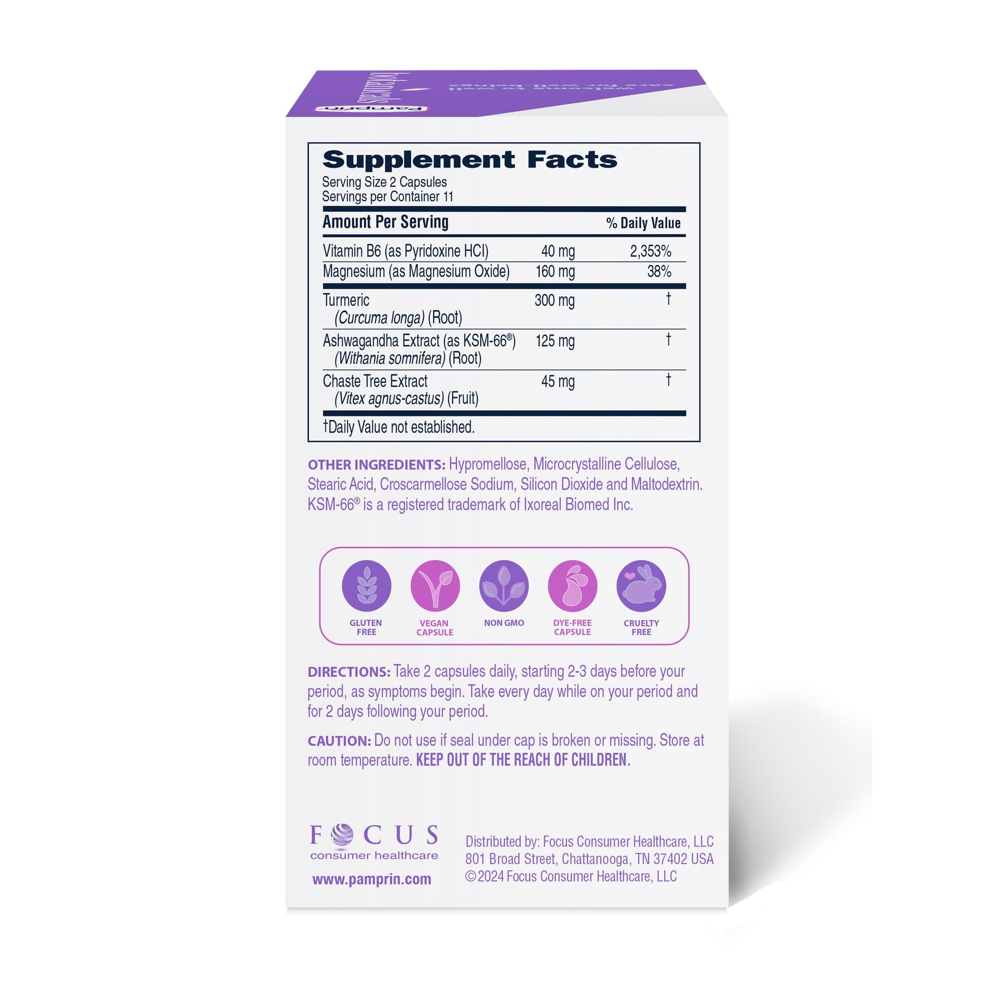 Pamprin Botanicals Supplement for PMS & Period Support, with Ashwagandha, Magnesium, Turmeric, Vitamin B6, Chasteberry, 22 Count - Maple Wellness Supplements