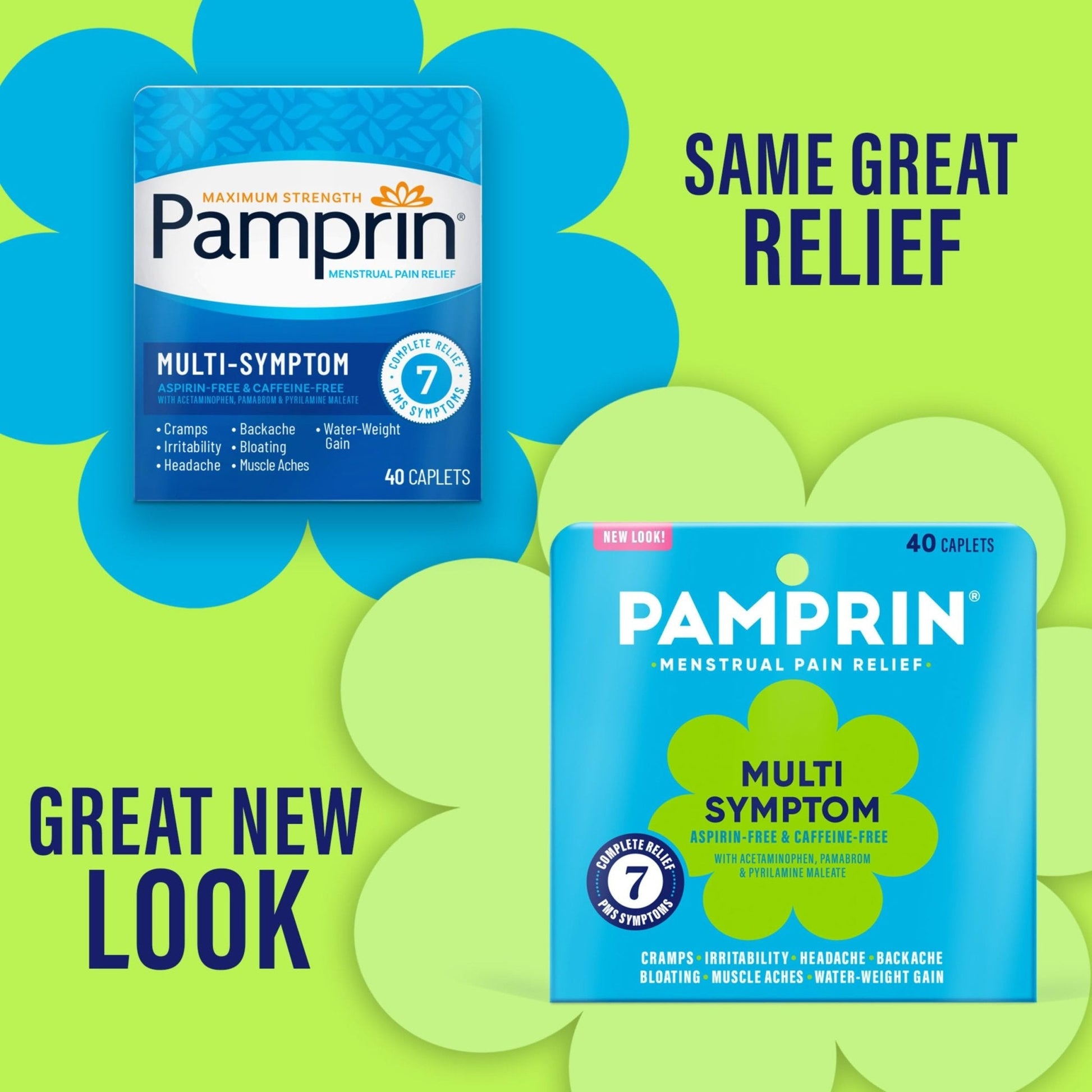 Pamprin Multi-Symptom Formula, with Acetaminophen, Menstrual Period Symptoms Relief including Cramps, Pain, Bloating, and Irritability 40 Caplets - Maple Wellness Supplements