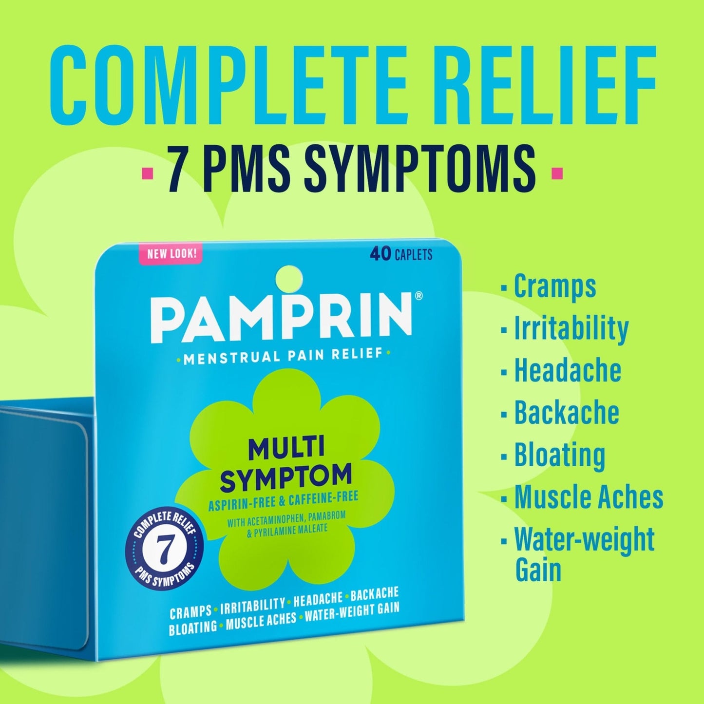 Pamprin Multi-Symptom Formula, with Acetaminophen, Menstrual Period Symptoms Relief including Cramps, Pain, Bloating, and Irritability 40 Caplets - Maple Wellness Supplements