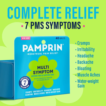 Pamprin Multi-Symptom Formula, with Acetaminophen, Menstrual Period Symptoms Relief including Cramps, Pain, Bloating, and Irritability 40 Caplets - Maple Wellness Supplements