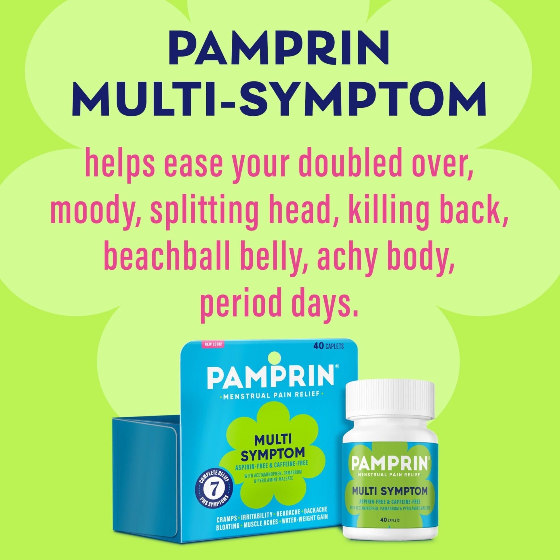 Pamprin Multi-Symptom Formula, with Acetaminophen, Menstrual Period Symptoms Relief including Cramps, Pain, Bloating, and Irritability 40 Caplets - Maple Wellness Supplements